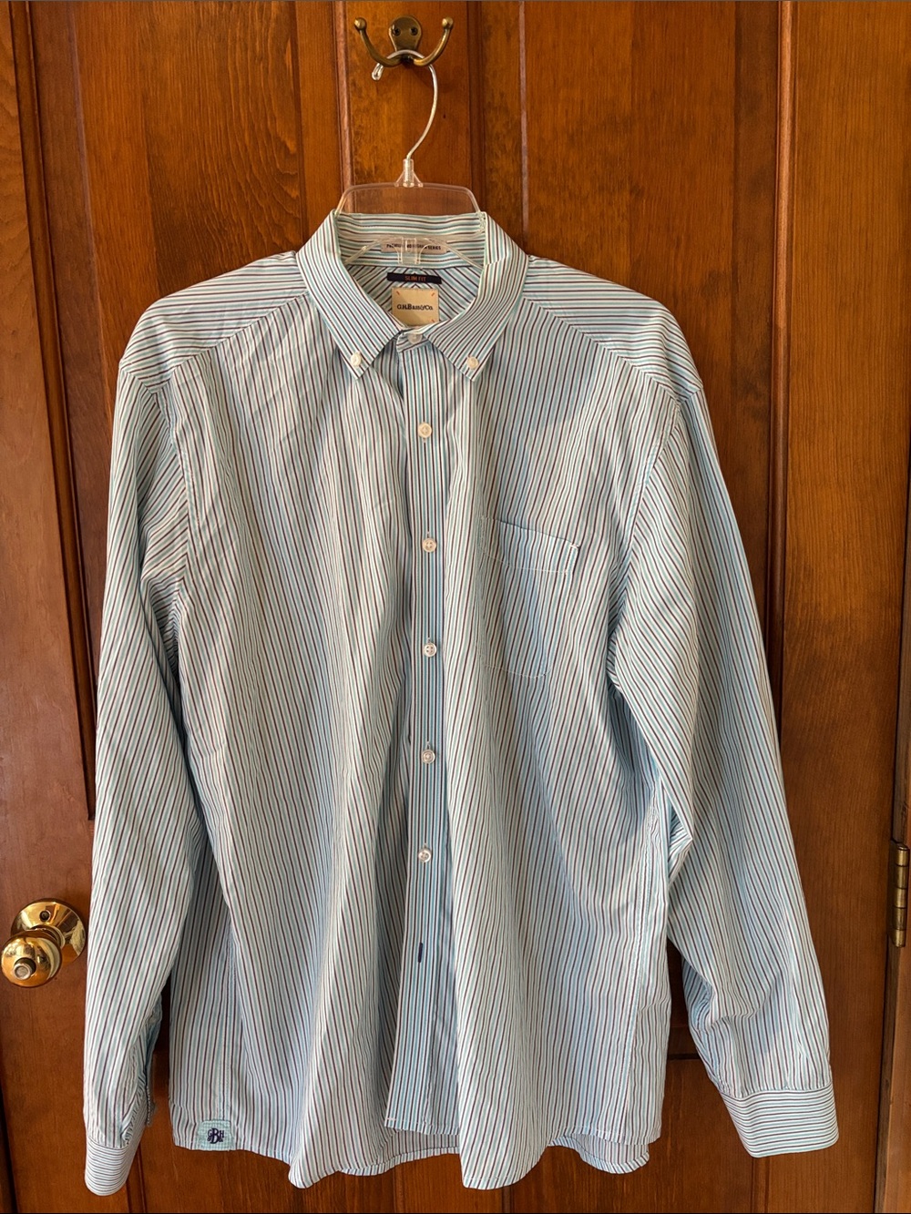 G.H.Bass&Co Men’s Dress Shirt, L, Striped White/Blue/Gray, Slim Fit